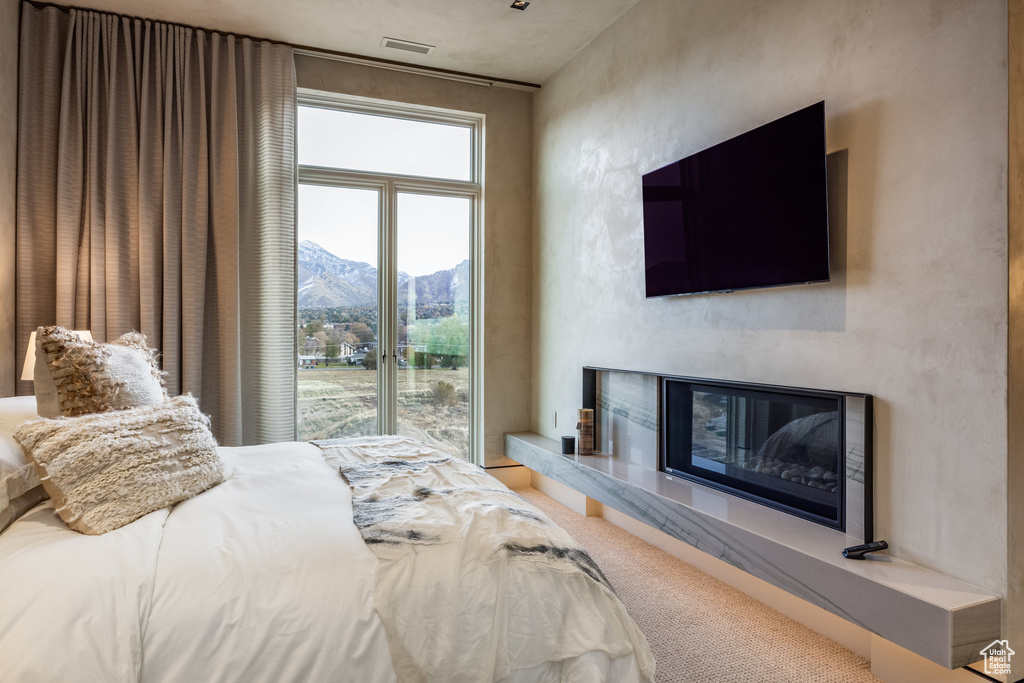 Bedroom with a glass covered fireplace and carpet floors