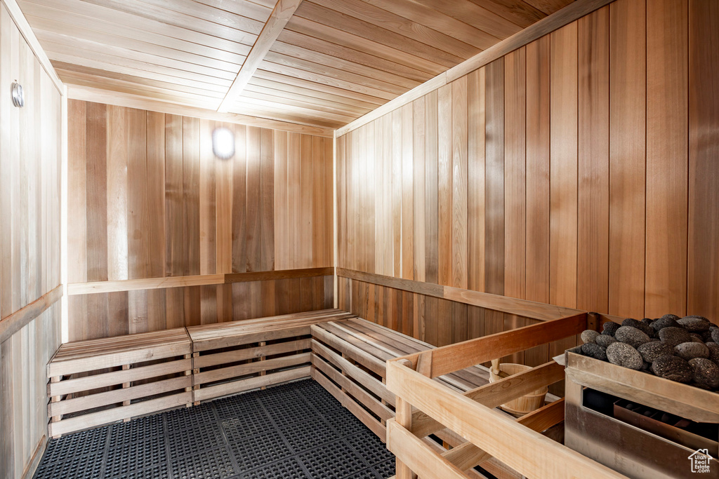 Sauna / steam room featuring wood walls and wooden ceiling