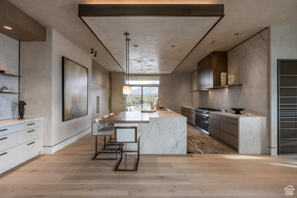Kitchen featuring modern cabinets, double oven range, light wood finished floors, a center island with sink, and light countertops