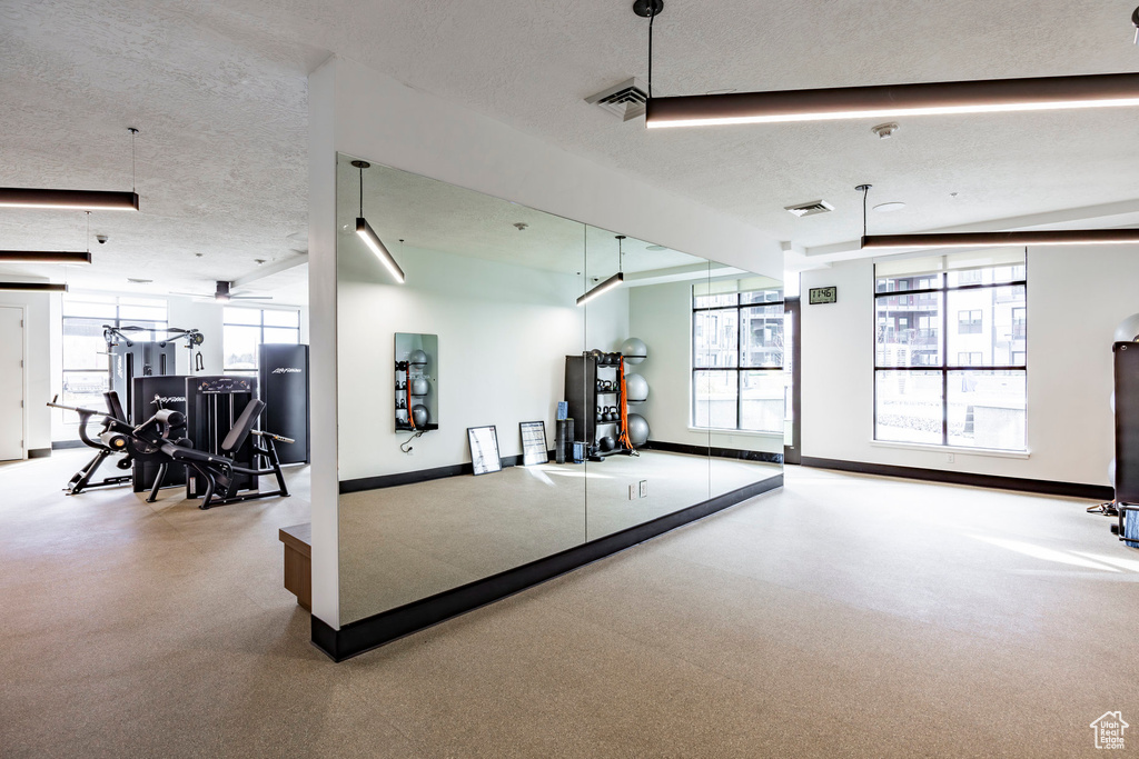 Exercise area featuring healthy amount of natural light, baseboards, and a textured ceiling