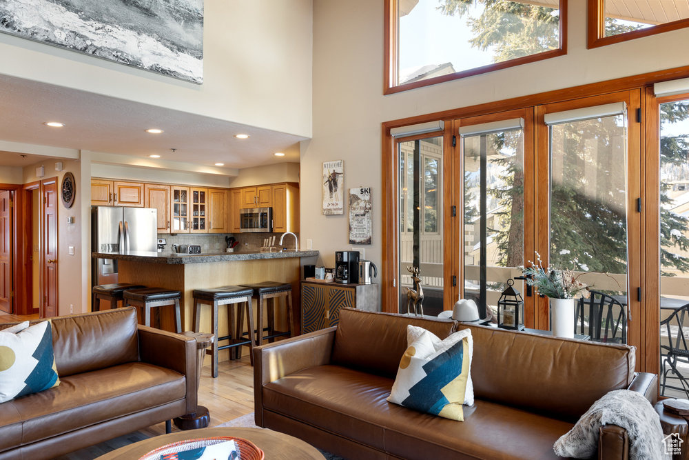 Living room with sink, light hardwood / wood-style floors, and a high ceiling