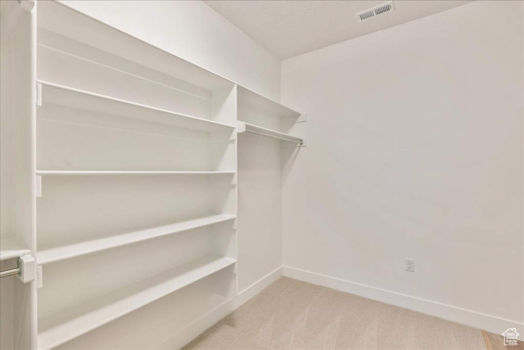 Walk in closet with light carpet