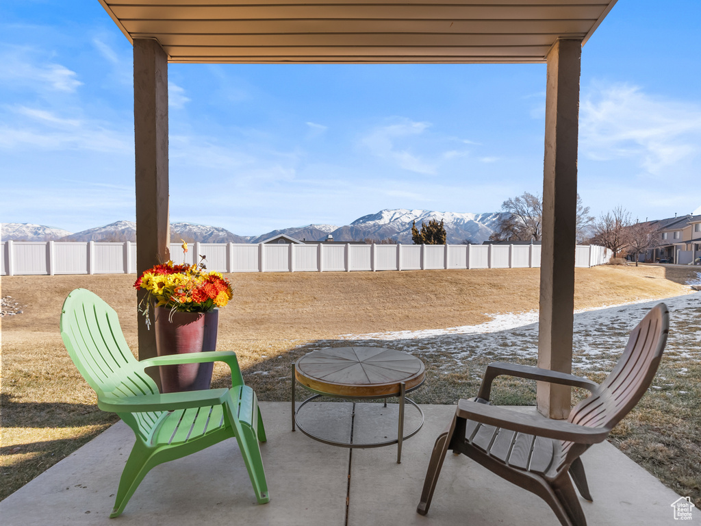 View of patio featuring a mountain view