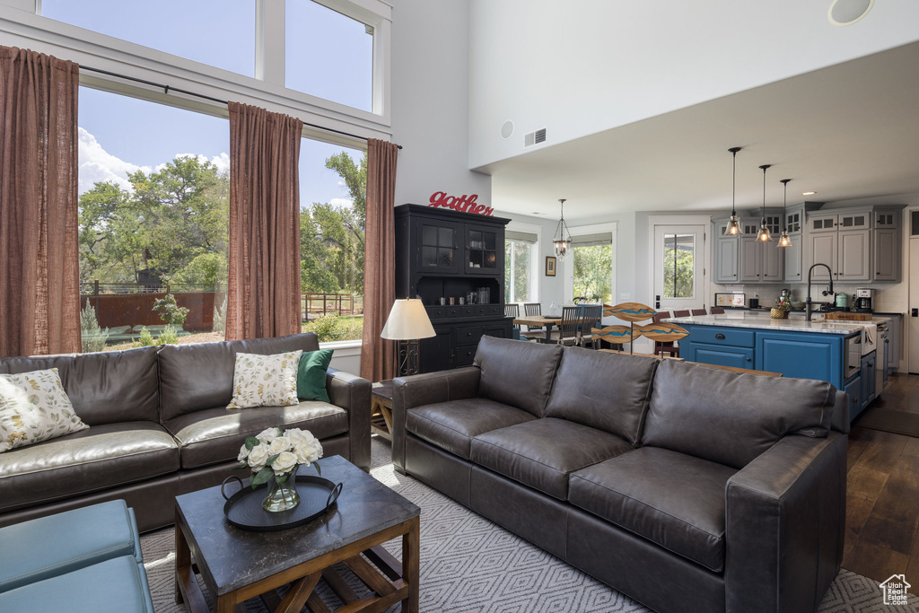 Living area with visible vents, a high ceiling, and dark wood-style floors