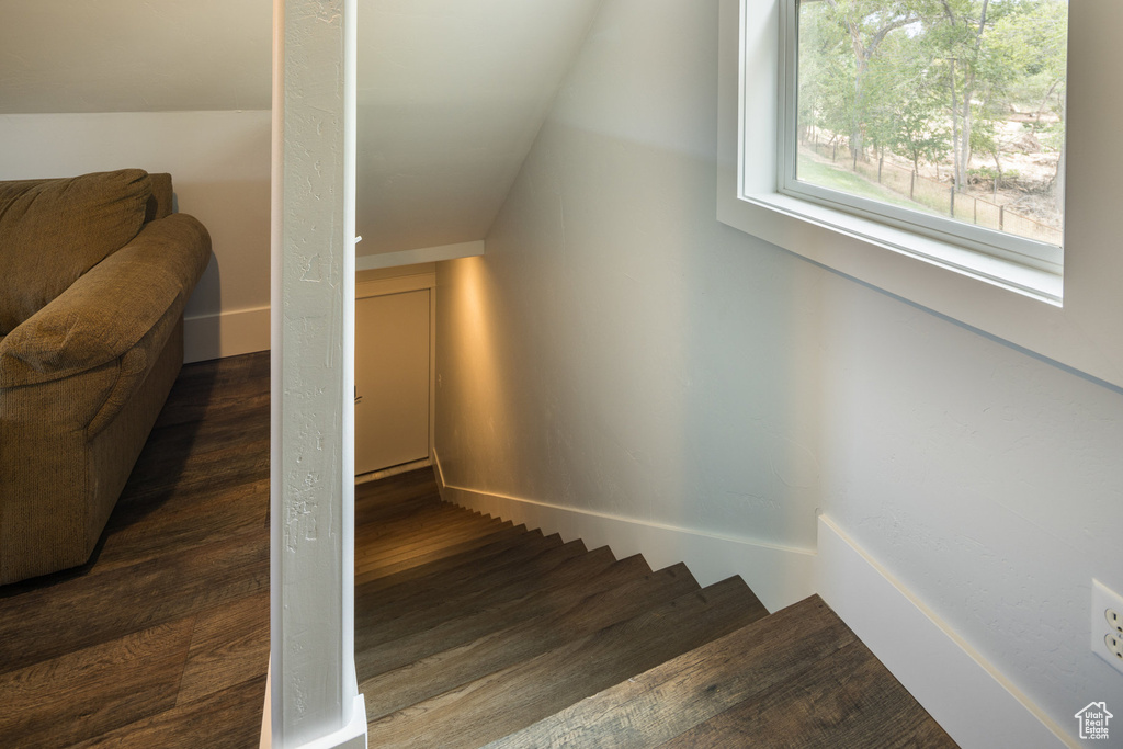 Staircase with lofted ceiling and wood finished floors