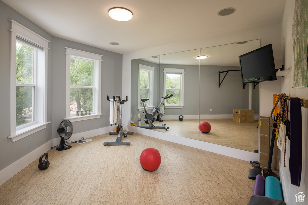 Exercise area with a healthy amount of sunlight, baseboards, and carpet flooring