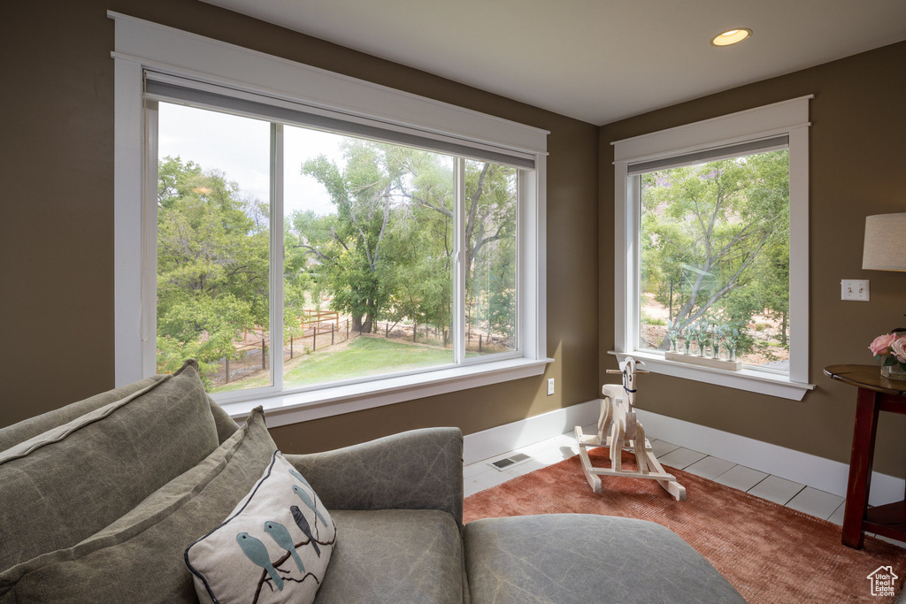 Living area with visible vents, carpet, and a healthy amount of sunlight