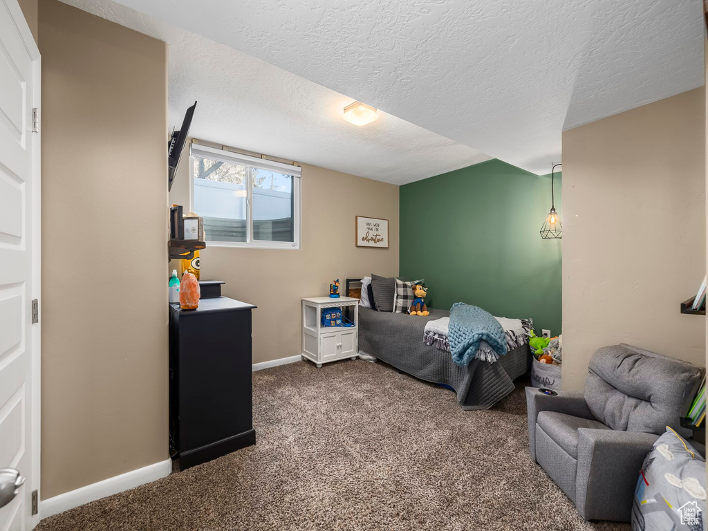 Bedroom with a textured ceiling and carpet flooring