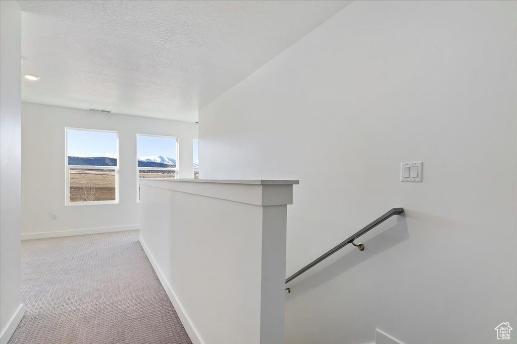 Hall with light colored carpet and a textured ceiling