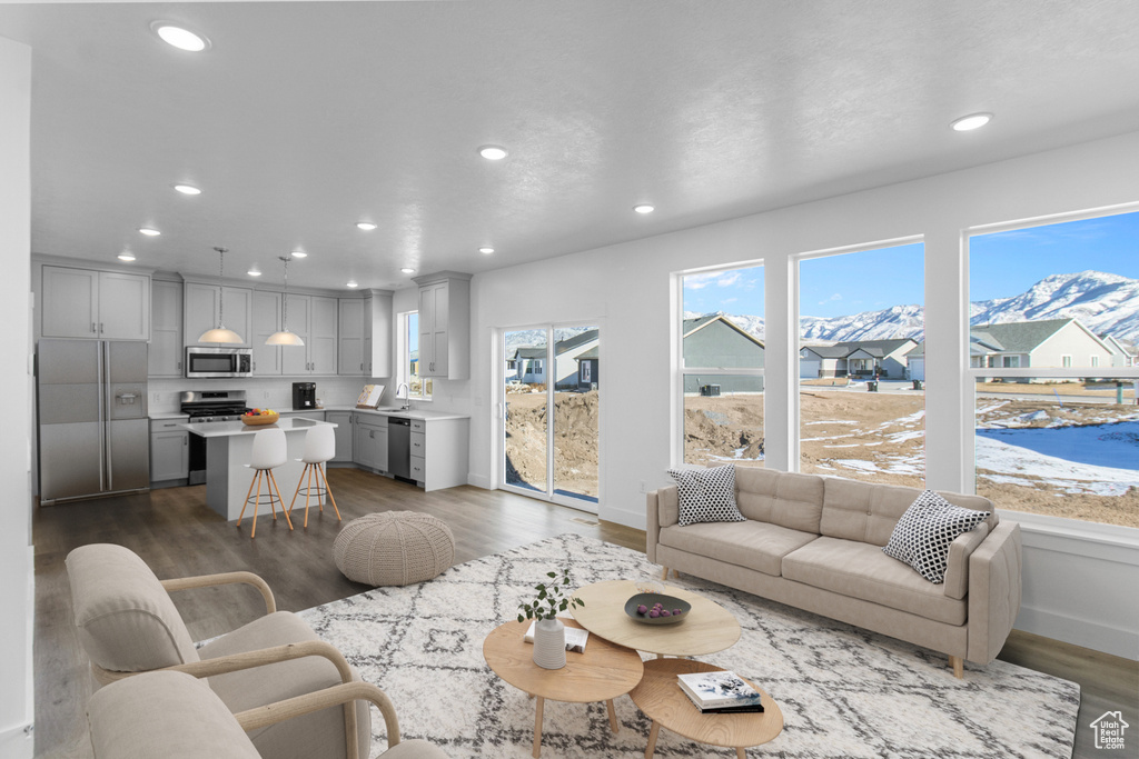 Living room with dark hardwood / wood-style flooring, a mountain view, and sink