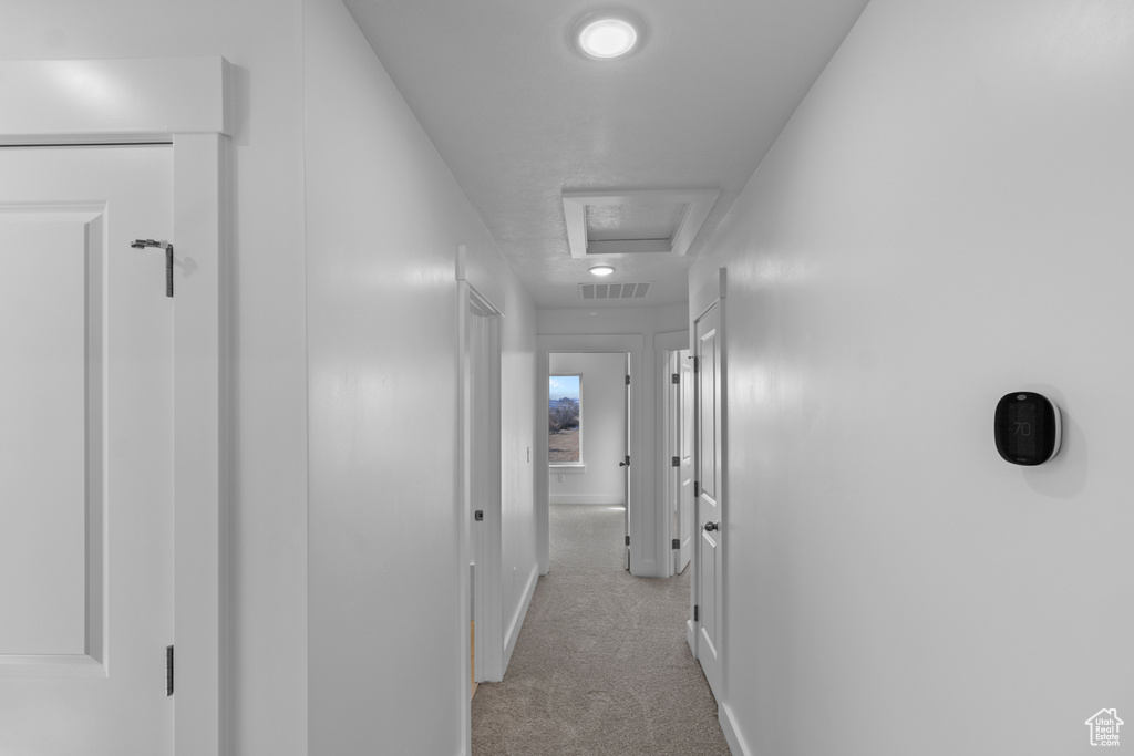 Hallway featuring light carpet