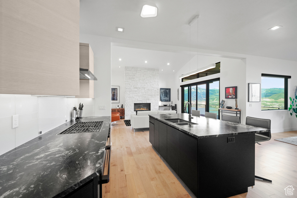 Kitchen featuring a breakfast bar, a fireplace, sink, light wood-type flooring, and a spacious island