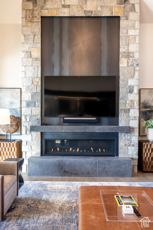 Detailed view of a stone fireplace