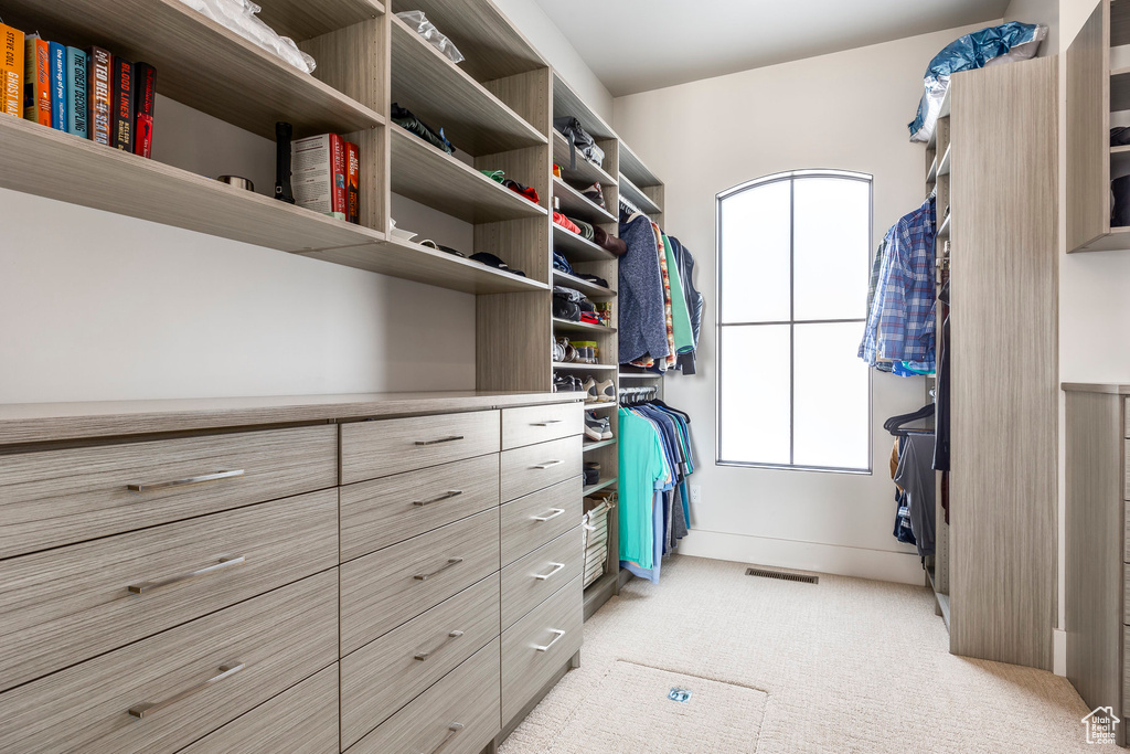 Walk in closet featuring light carpet