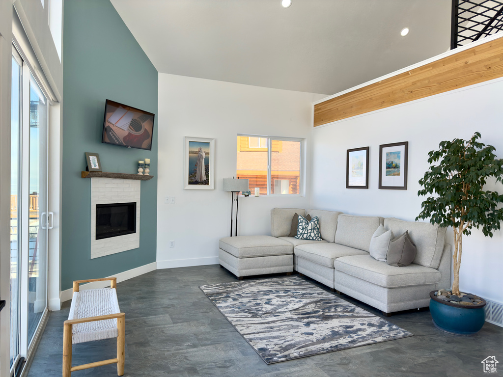 Living room with a brick fireplace