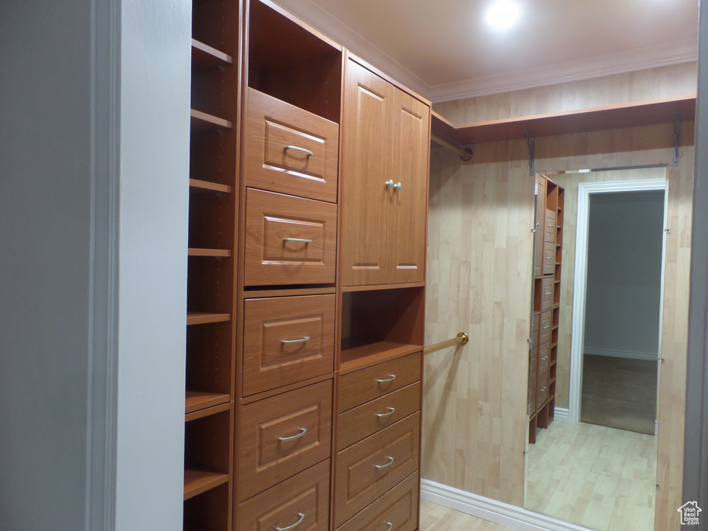 Walk in closet with light wood-type flooring