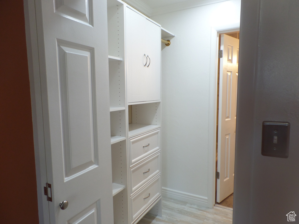 Walk in closet with light hardwood / wood-style floors