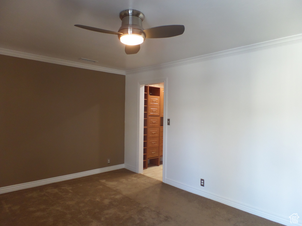 Spare room with ceiling fan, ornamental molding, and light carpet