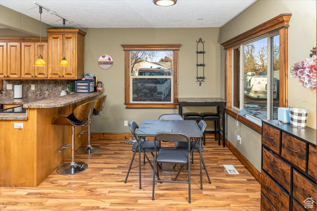 Dining room featuring a healthy amount of sunlight, a textured ceiling, and light wood-type flooring