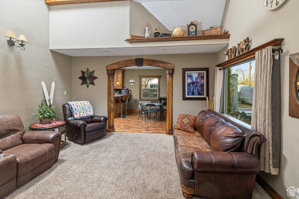 Carpeted living room featuring a high ceiling