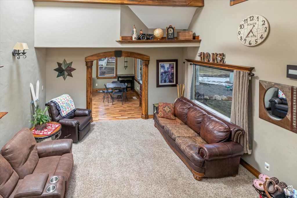 Living room featuring lofted ceiling and carpet flooring