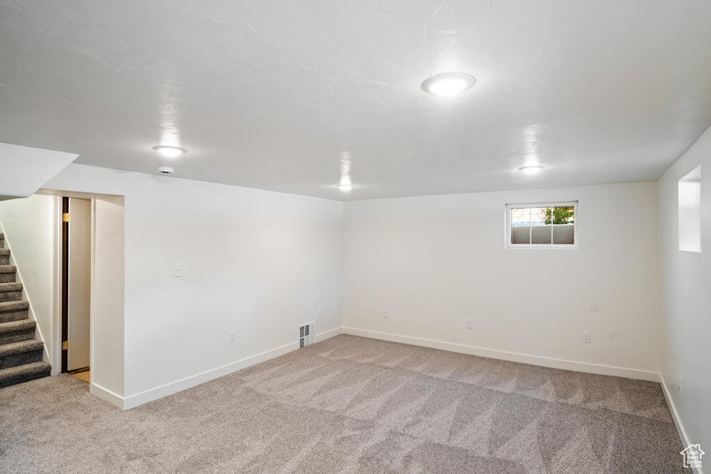 Basement featuring light colored carpet