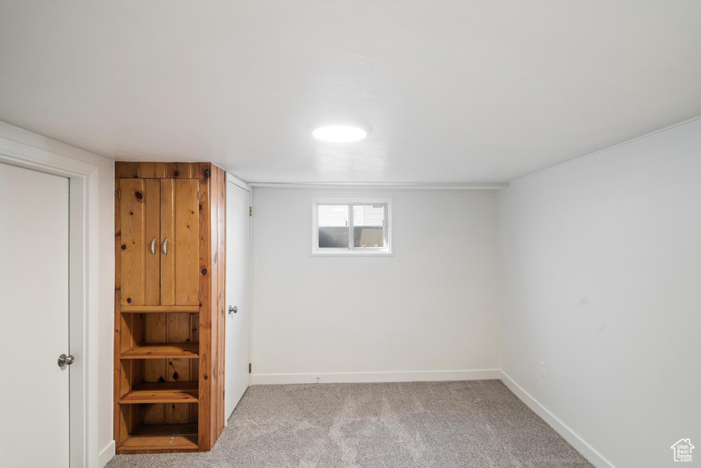 Basement with light colored carpet