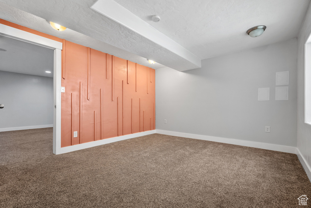 Finished below grade area with carpet, baseboards, and a textured ceiling