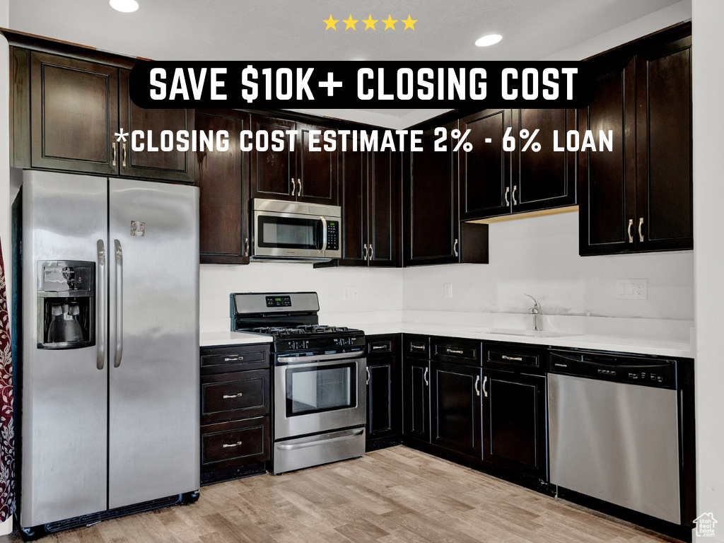 Kitchen with appliances with stainless steel finishes, light countertops, light wood finished floors, and recessed lighting