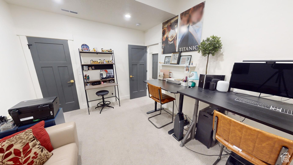 View of carpeted home office