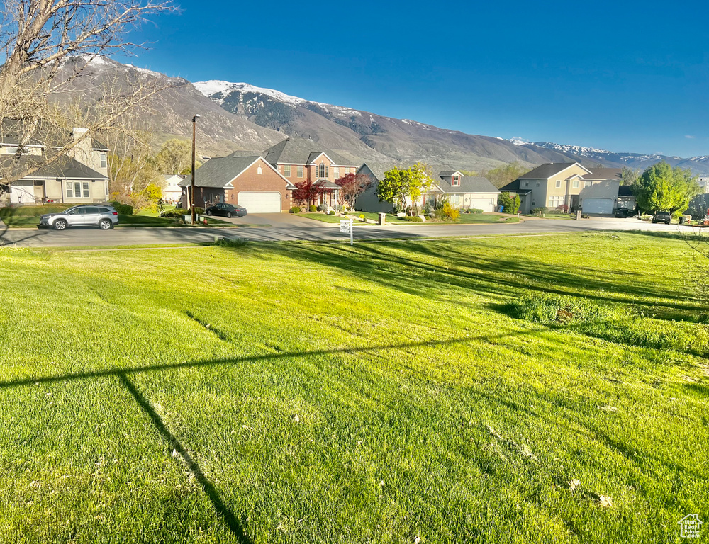 View of yard with driveway, a mountain view, and a residential view