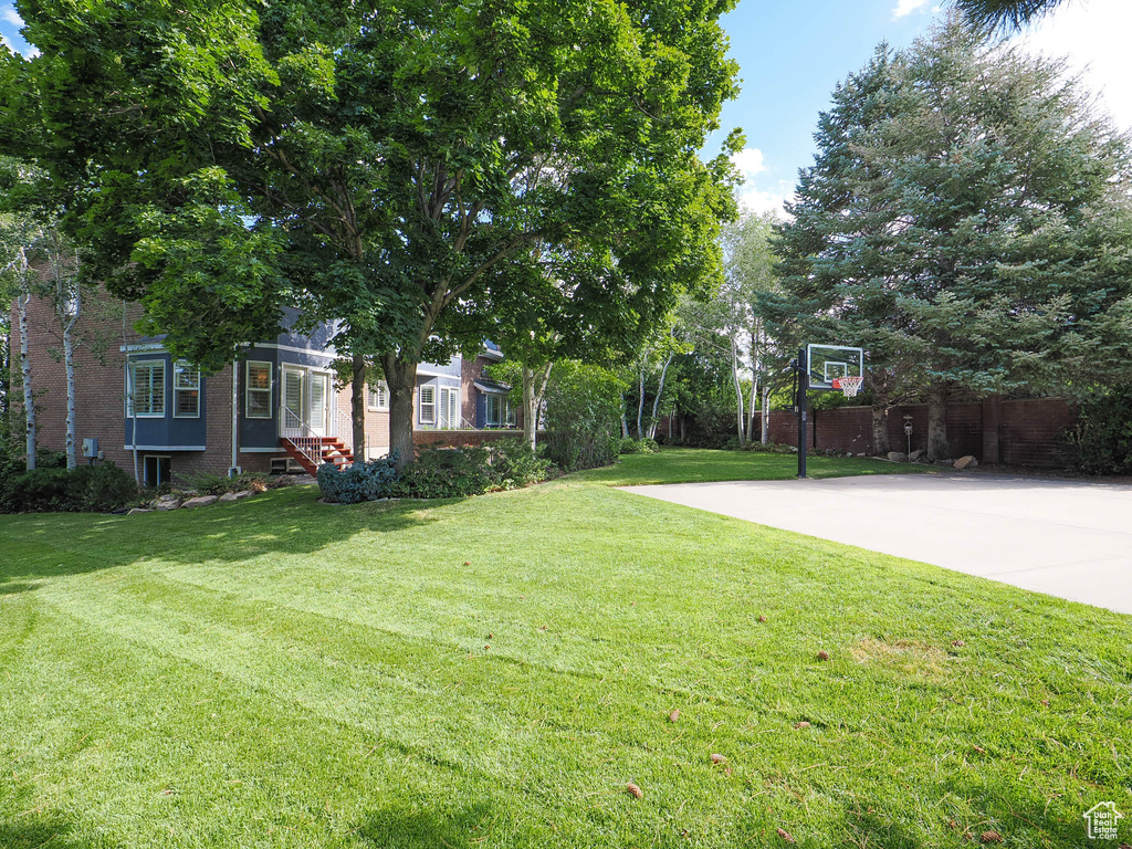 View of yard featuring basketball hoop