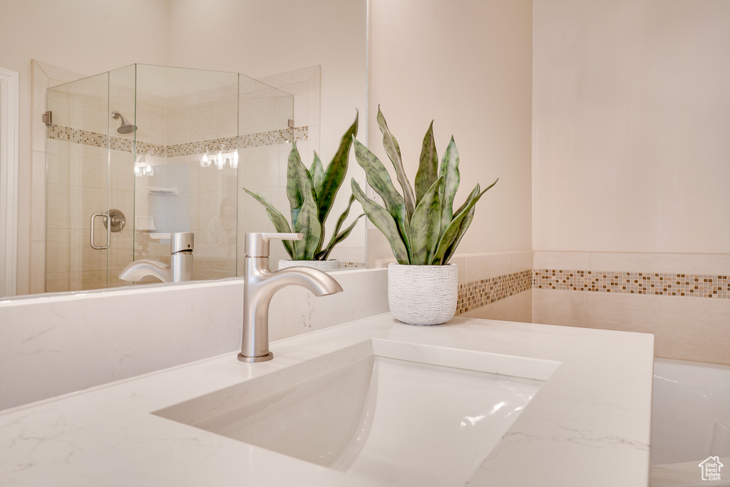 Details with a shower stall and a sink