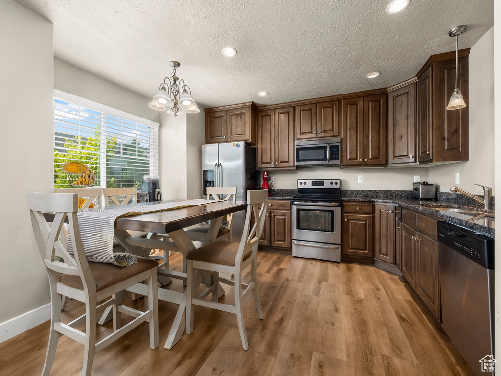 Kitchen with light hardwood / wood-style floors, sink, stainless steel appliances, and pendant lighting