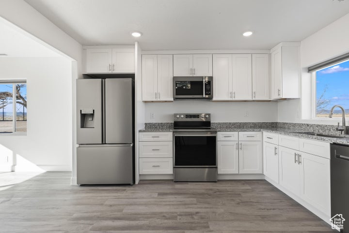 Kitchen featuring appliances with stainless steel finishes, a sink, plenty of natural light, white cabinetry, and recessed lighting
