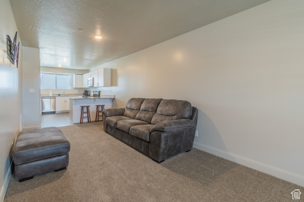 Living area featuring light carpet and baseboards