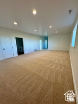 Basement with light carpet