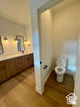 Bathroom featuring vanity, hardwood / wood-style floors, and toilet