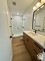 Bathroom with vanity, wood-type flooring, toilet, and walk in shower
