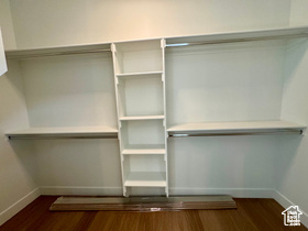 Walk in closet featuring dark wood-type flooring