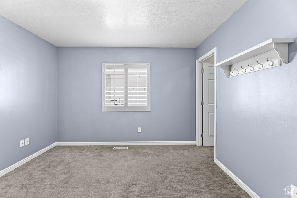 Carpeted empty room with a textured ceiling