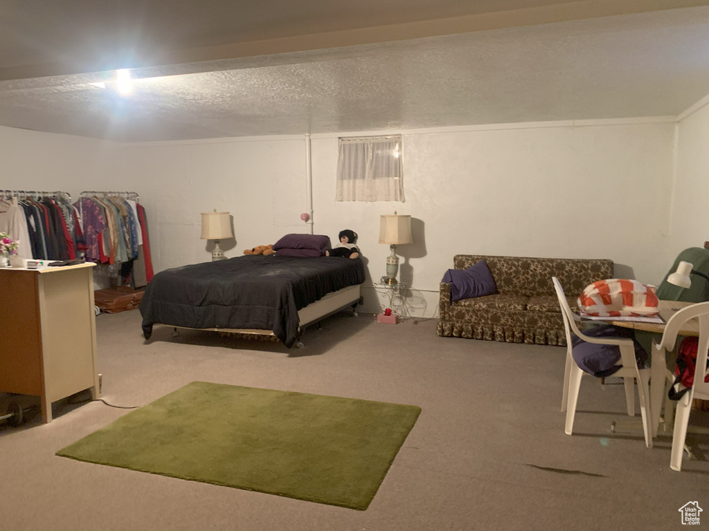 Bedroom featuring carpet and a textured ceiling