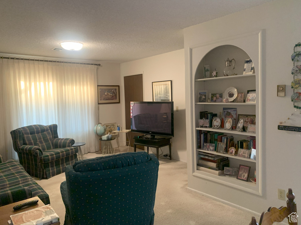 Living room featuring built in features, carpet flooring, and a textured ceiling