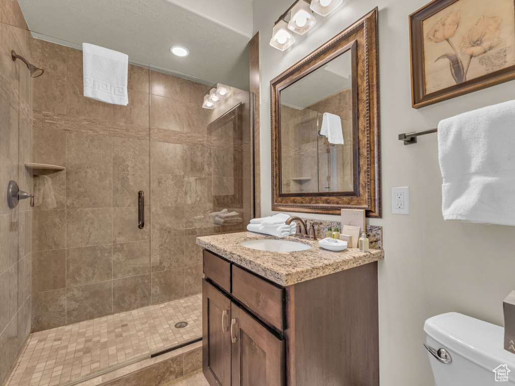 Bathroom featuring toilet, a shower stall, and vanity