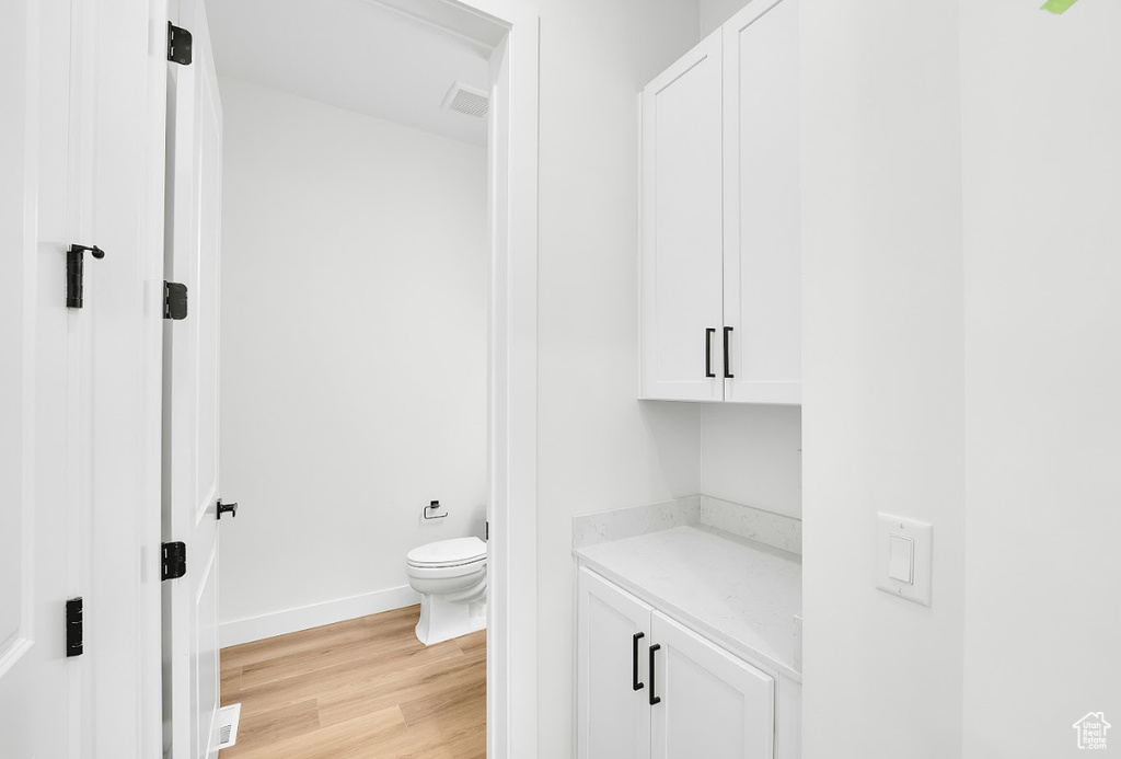Bathroom with wood finished floors and vanity