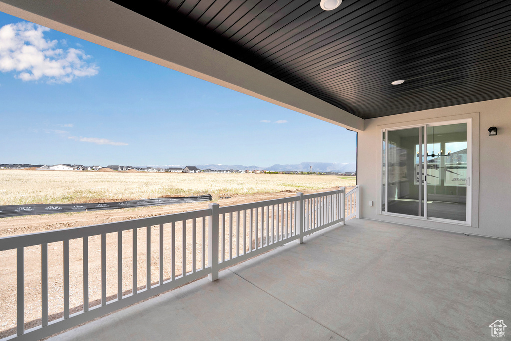 View of patio / terrace featuring a mountain view