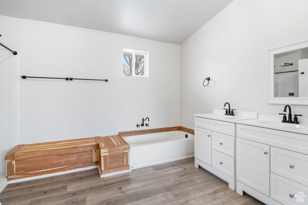 Bathroom with vanity, wood-type flooring, and a tub