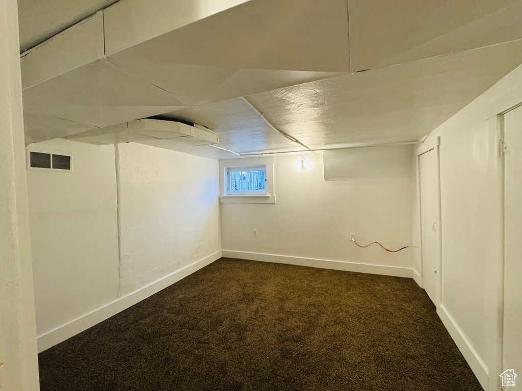 Basement featuring dark carpet