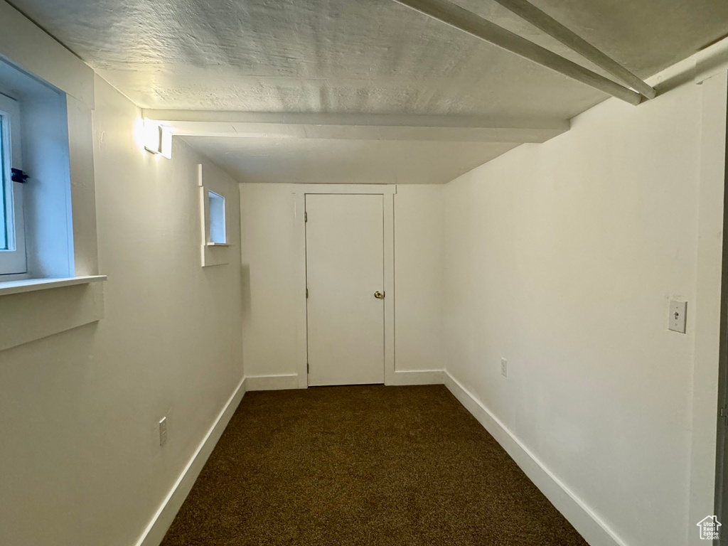 Basement with dark carpet