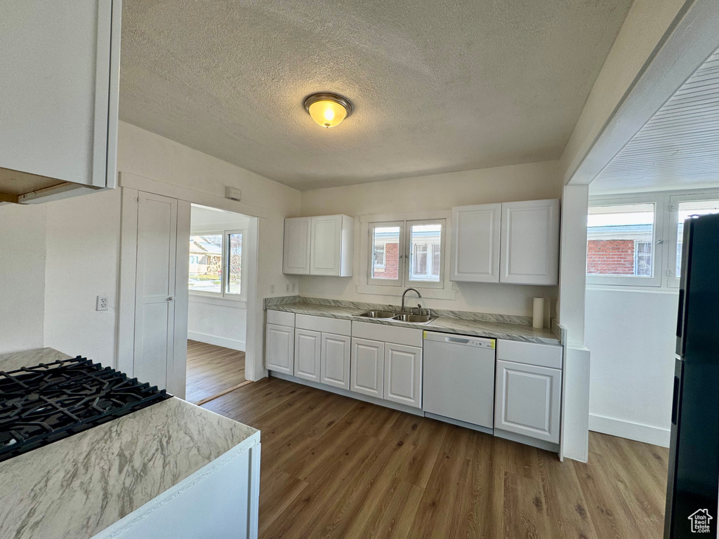 Kitchen with light wood-type flooring, white dishwasher, freestanding refrigerator, and a sink